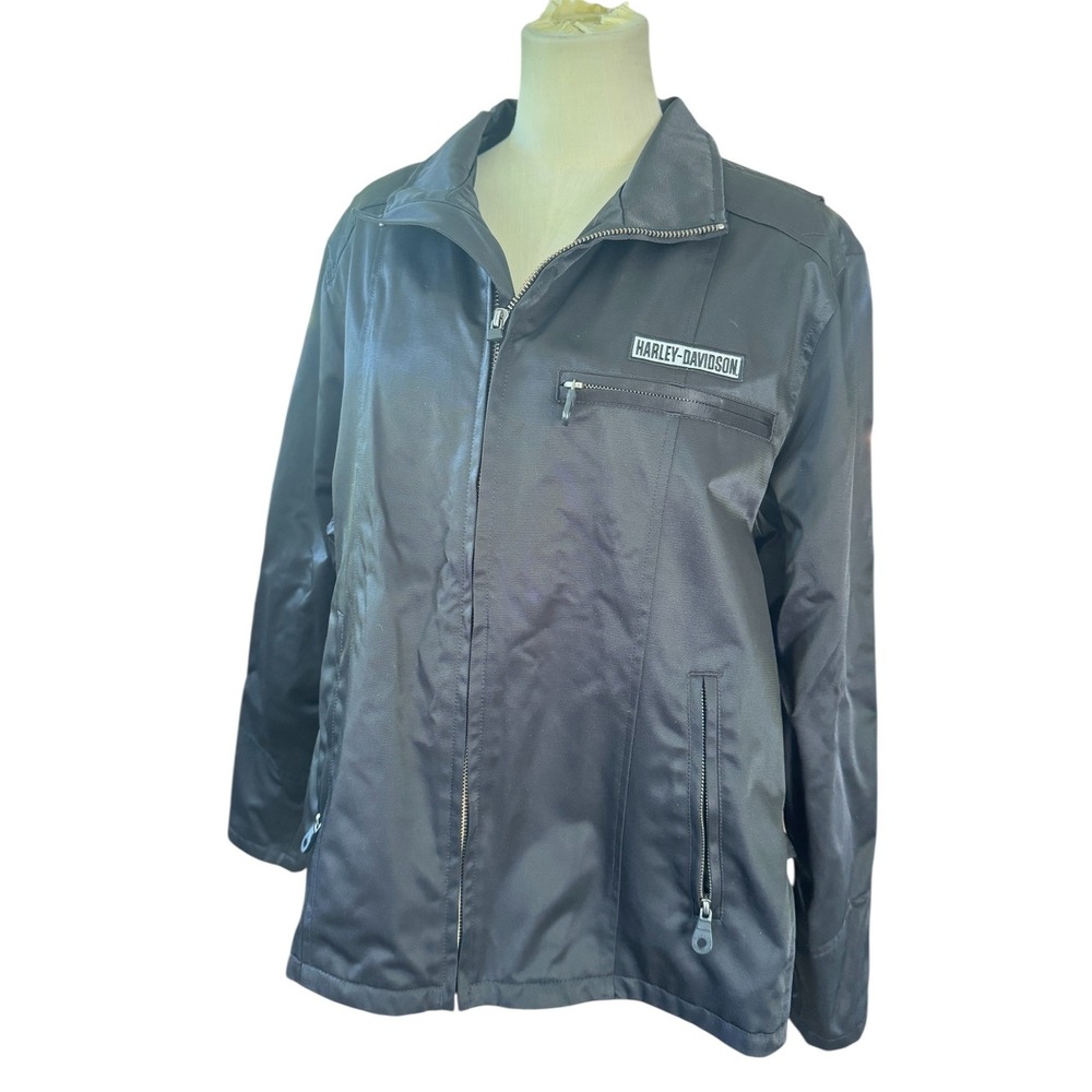 Harley Davidson Womens Black‎ Zip Up Moto Jacket 2W Nylon Cotton Embroidered